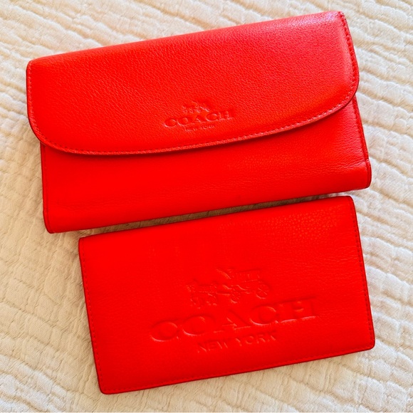 Coach Handbags - COACH Bold Coral Red Leather Wallet With Removable Checkbook Cover
